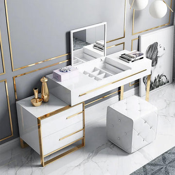 White Makeup Vanity with Flip Top Mirror & Side Cabinet and Drawers Golden Legs